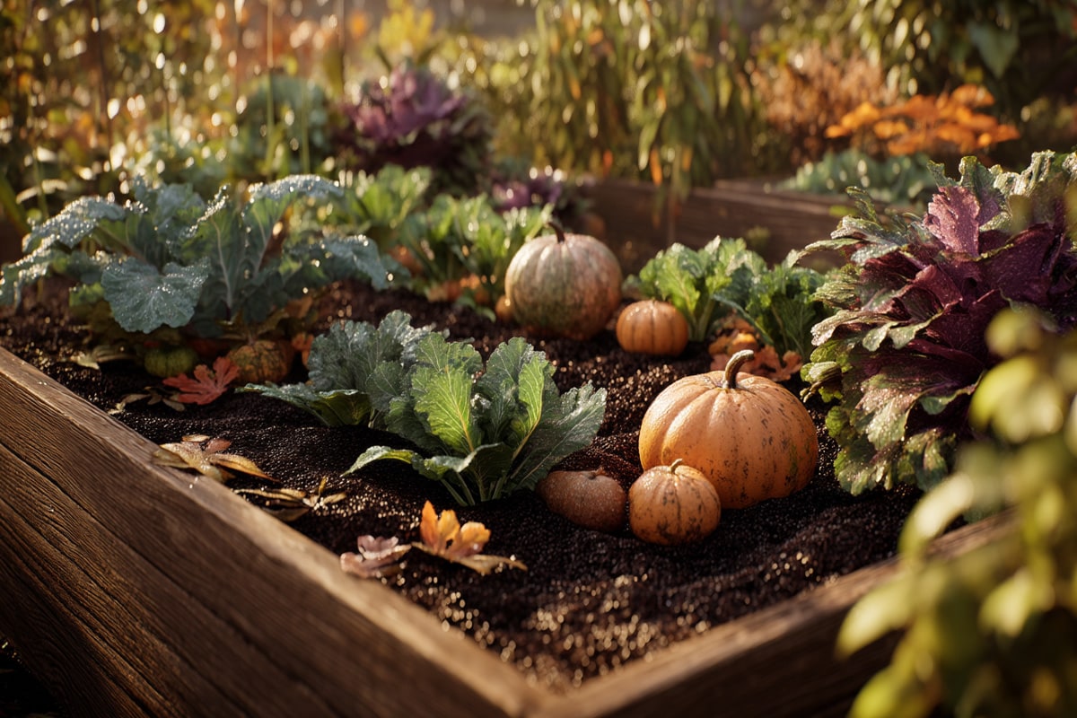 Autumn raised bed garden with orange pumpkins, leafy vegetables, and colorful fall plants growing in rich dark soil with natural lighting