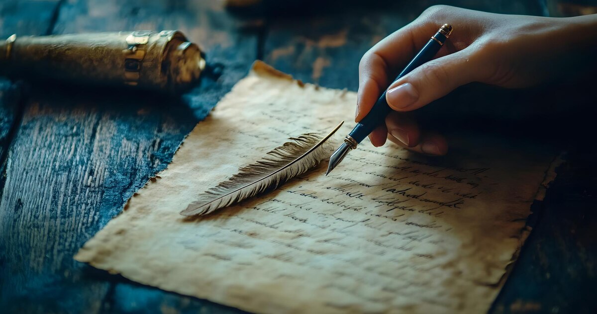 A child practicing writing with a feather quill and ink during a living history co-op session