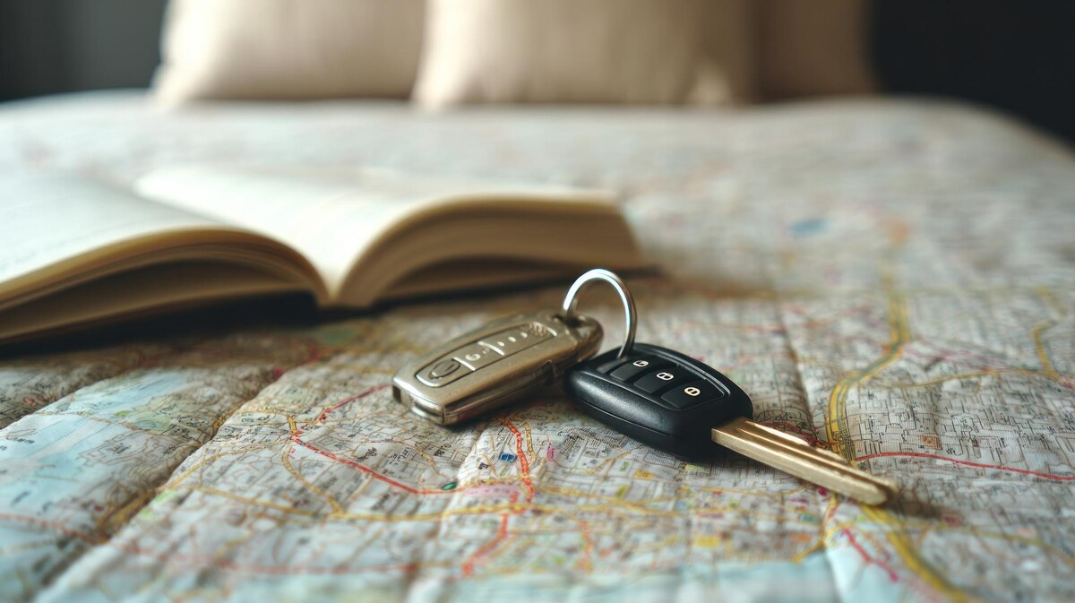 Car keys and a local map on a kitchen table, suggesting a family weighing co-op drive times
